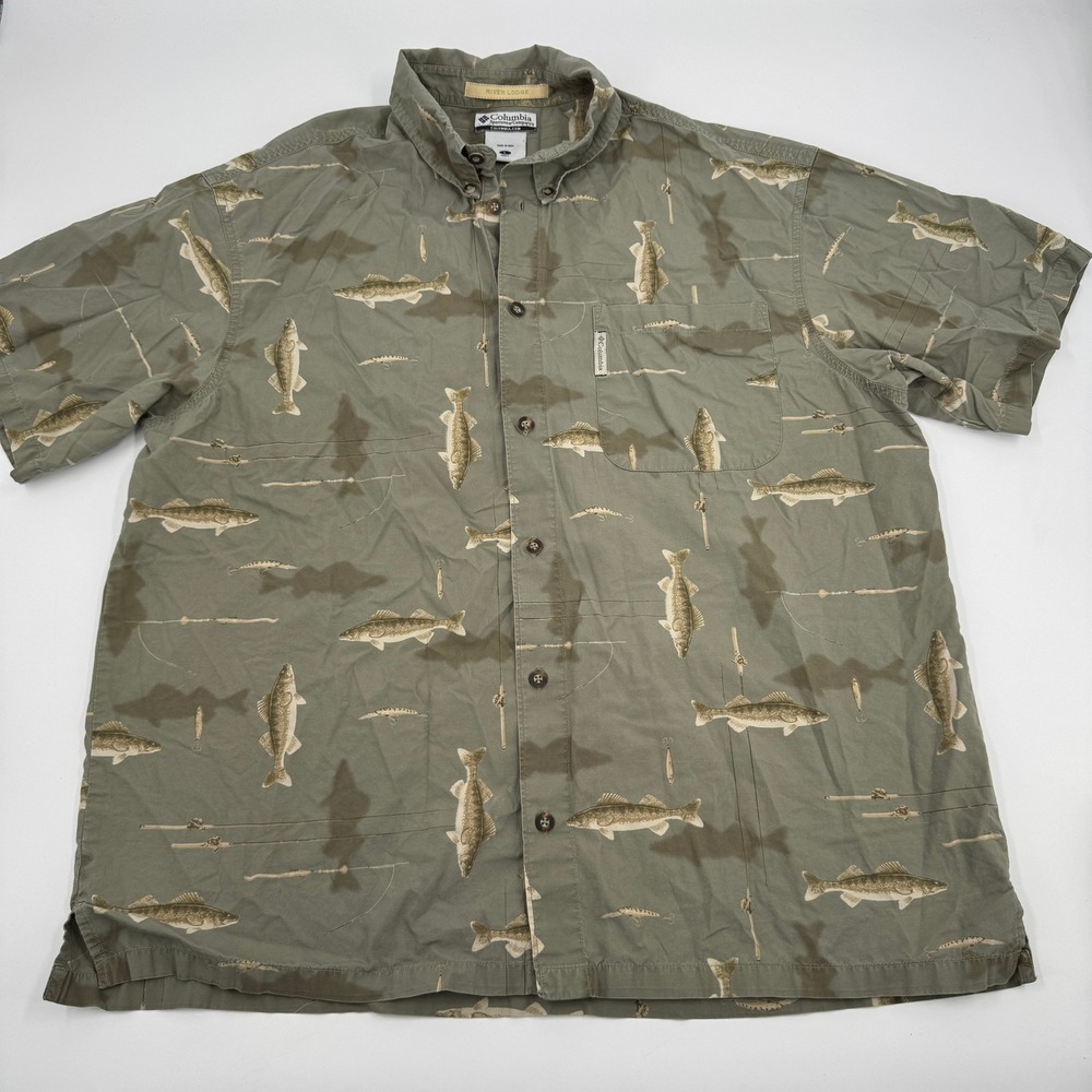 Columbia River Lodge Shirt Mens L Olive Green Fishing Walleye Lure Print Cotton
